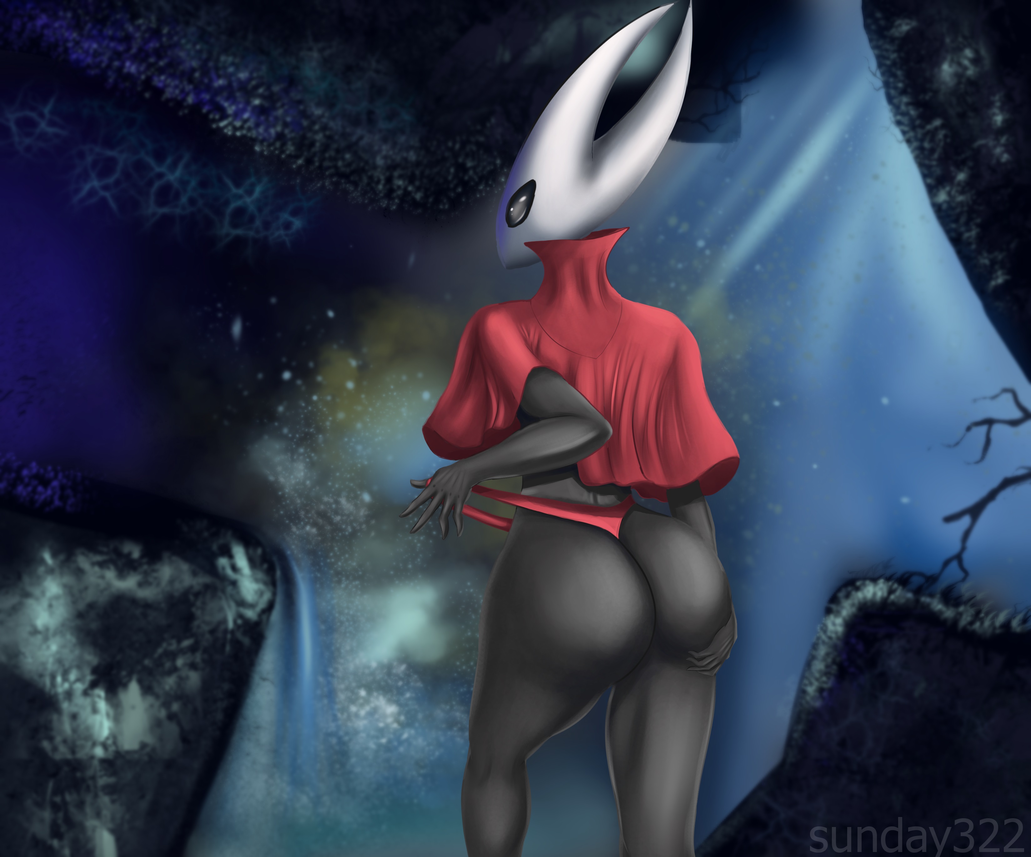 ass, ass focus, bathing, big ass, cape, cave, detailed background, eyebrowless, female, hollow knight, hornet (hollow knight), huge ass, insect girl, insects, large ass, panty pull, presenting, presenting ass, red dress, red panties, solo, solo female, solo focus, sunday322, team cherry