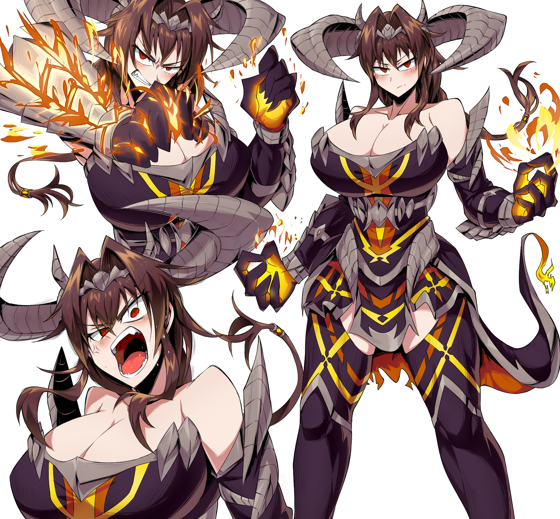 2021, angry, armor, bare shoulders, big breasts, breasts, brown hair, cleavage, female, horns, huge breasts, monster girl, original, red eyes, shimure (460), tail