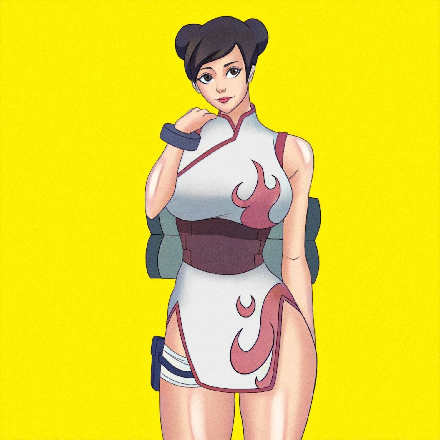 1girls, alternate breast size, bandaged leg, bandages, bare legs, bare shoulders, big breasts, boruto: naruto next generations, bottomless, breasts, brown eyes, brown hair, busty, cheongsam, china dress, chinese clothes, closed mouth, clothed, clothed female, clothing, cropped legs, curvaceous, curvy, curvy body, curvy female, curvy figure, double bun, dress, eyelashes, female, light skin, light-skinned female, long hair, makeup, matching hair/eyes, milf, naruto, naruto (series), naruto shippuden, naruto: the last, no legwear, parted bangs, partially clothed, pinup, posing, qipao, sash, scroll, shiny, shiny hair, shiny skin, simple background, skindentation, sleeveless, sleeveless dress, slim waist, smile, solo, solo female, solo focus, standing, sutokatsu, tenten, thick thighs, tied hair, wide hips, wrist cuffs, yellow background