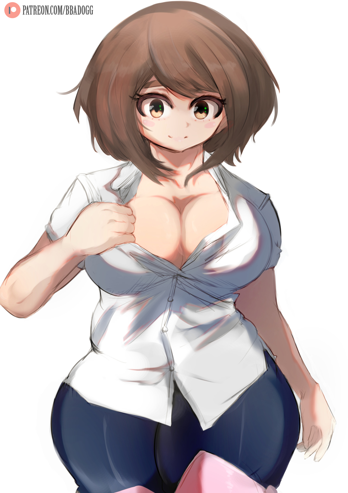 1girls, ass, bbadogg, big, big ass, big breasts, big butt, breasts, brown eyes, brown hair, chubby, clothing, female, female focus, happy, hips, light skin, light-skinned female, looking at viewer, my hero academia, ochako uraraka, pose, posing, shirt, smile, smiling at viewer, standing, thighs, undressing, wide hips