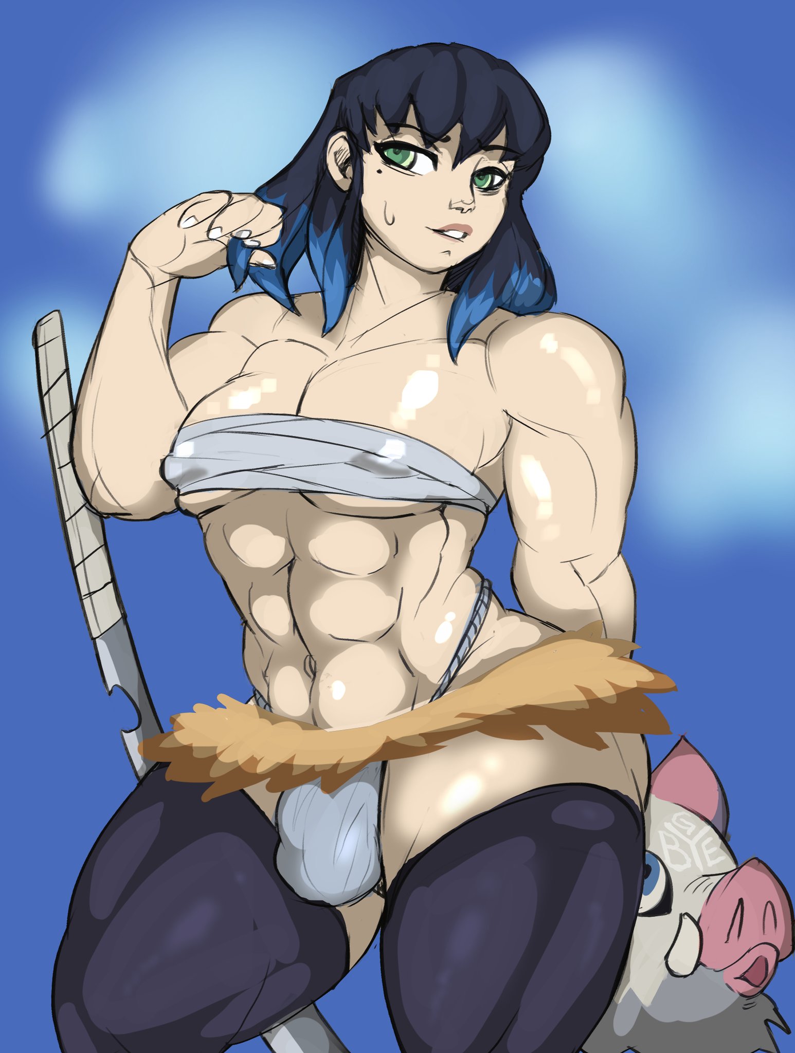ambush (trap), baguette (artist), big pecs, demon slayer, femboy, fundoshi, inosuke hashibira, kimetsu no yaiba, male, muscles, muscular, muscular trap, pose, solo, thick thighs, trap