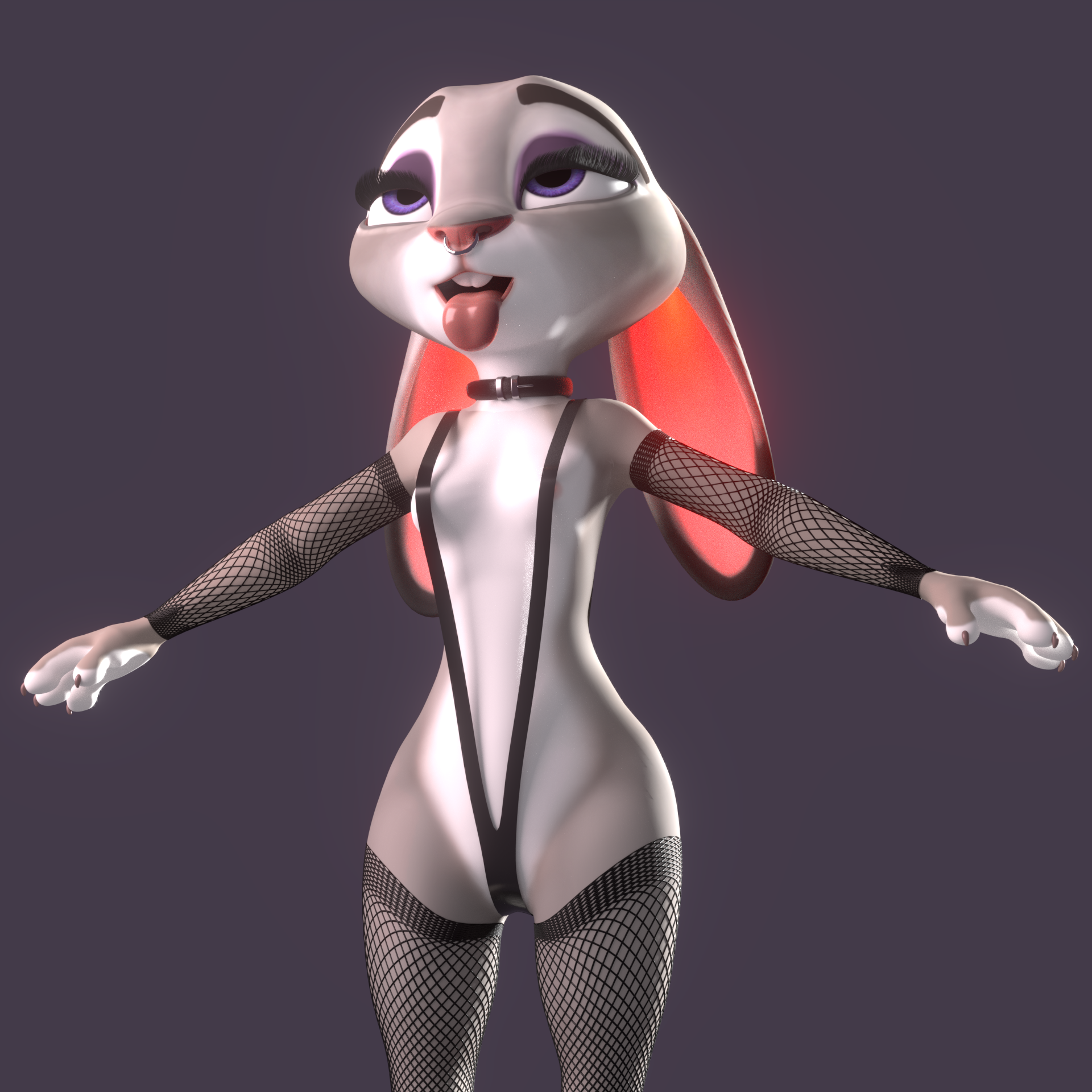 3d, ahe gao, anthro, arm warmers, armwear, bikini, breasts, claws, clothing, collar, darkskye (artist), digital media (artwork), disney, ears down, facial piercing, female, grey body, hi res, judy hopps, lagomorph, legwear, leporid, looking pleasured, makeup, mammal, mascara, nose piercing, nose ring, piercing, pivoted ears, purple eyes, rabbit, simple background, sling bikini, small breasts, solo, stockings, swimsuit, swimwear, t-pose, tongue, tongue out, unfinished, zootopia, zootropolis