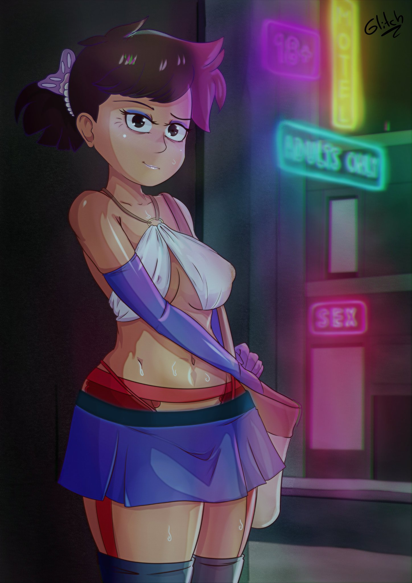 1girls, 2021, 2d, 2d (artwork), amphibia, angel glitch, arm gloves, ass, bag, bare shoulders, big ass, big breasts, big butt, big hips, big nipples, big thighs, bow, breasts, city, cleavage, clothing, dark skin, dark-skinned female, disney, disney channel, eyeshadow, female, female focus, female only, garter belt, garter straps, gloves, hooker, hourglass figure, huge ass, huge breasts, huge butt, huge hips, huge thighs, large ass, large breasts, large butt, looking at viewer, makeup, mature female, milf, mrs. boonchuy, navel, neon lights, nipple bulge, olive skin, olive-skinned female, oum boonchuy, ponytail, prostitute, prostitute clothes, prostitution, questionable, short hair, skirt, straight hair, sweat, thick thighs, thighhighs, topwear, underboob, urban, watermark, wide hips