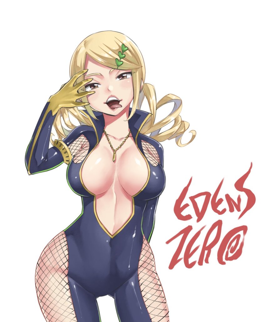 1girls amira_(edens_zero) blonde_hair bodysuit breasts brown_eyes cleavage commentary_request copyright_name curvy edens_zero english_text female fishnet_bodysuit fishnets hair_ornament hairclip highres hiro_mashima large_breasts long_hair looking_at_viewer mashima_hiro official_art open_mouth solo standing tongue tongue_out twintails white_background wide_hips