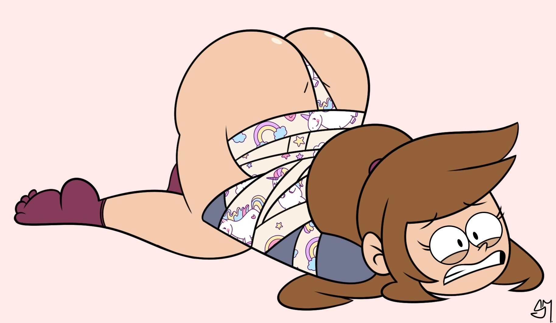 ass, ass up, big ass, bondage, brown hair, close enough, emily ramírez, eyelashes, face down ass up, female, helpless, latina, nervous, ponytail, raised inner eyebrows, semidraws, shiny skin, shirt, socks, solo, solo female, thick thighs, tied up, wedgie