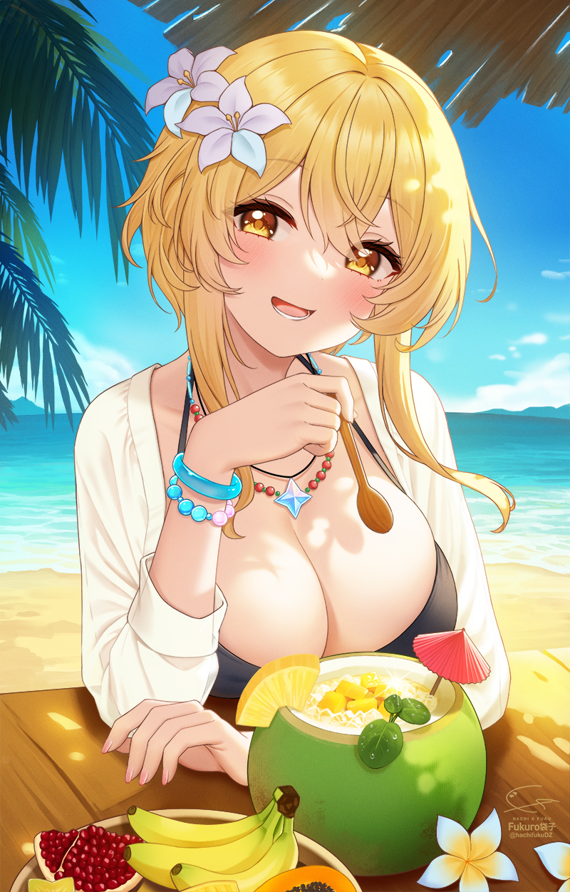 1girls alternate_breast_size banana beach big_breasts bikini blonde_hair blush breasts busty cleavage clothed clothing drink female fruit fukuro_ko_(greentea) genshin_impact hi_res looking_at_viewer lumine_(genshin_impact) necklace primogem smile summer yellow_eyes