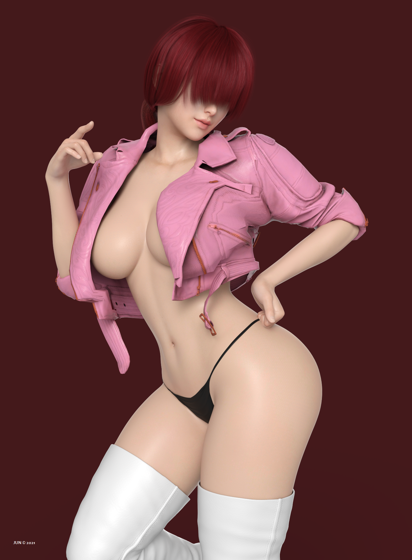 3d, ass, bangs, bangs over eyes, big breasts, breasts, bubble ass, bubble butt, busty, cleavage, cropped jacket, female, female focus, female only, g-string, hair over eyes, hourglass figure, jacket, jun (artist), king of fighters, long hair, pose, posing, red hair, shermie (kof), sleeves rolled up, snk, solo, tagme, thigh boots, twin braids, wide hips