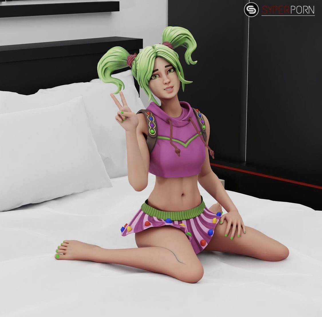 1girls, 3d, blender, clothed, female, fortnite, green hair, on bed, seductive, syperporn, wariza, watermark, zoey (fortnite)