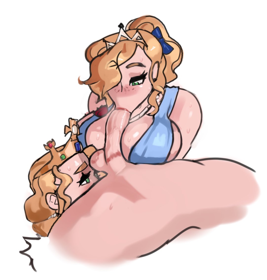 1boy, 2d, 2d (artwork), 2girls, anilingus, blonde hair, blue plate special, breasts, catherine (dolecat), collaborative fellatio, crown, curved to the right penis, dolecat, double fellatio, fellatio, female, freckles, green eyes, heavy breathing, large breasts, licking ass, lipstick mark, lipstick on penis, male, male anilingus, mother and daughter, multiple females, multiple girls, oral, oyakodon, penis, rimming, sophie (dolecat), sweat, teamwork, tiara