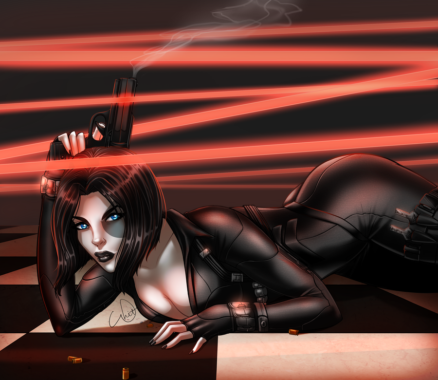 1girls ass black_hair black_lips black_nails blue_eyes bodysuit breasts domino_(marvel) female female_only gun gun_smoke laser marvel marvel_comics mutant neena_thurman painted_nails short_hair solo_female whitneycook x-force