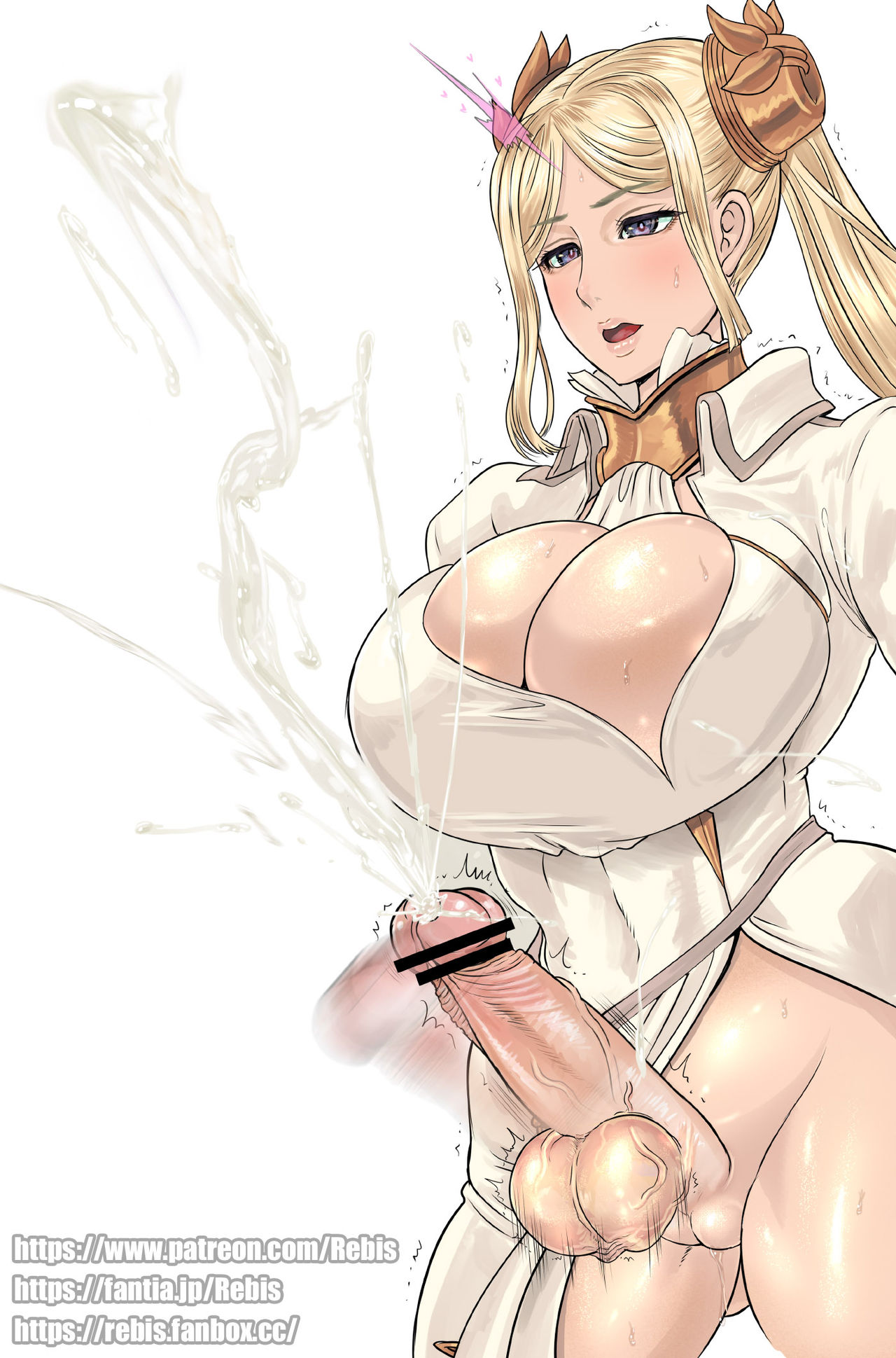 1futa, bad anatomy, balls, balls clench, big breasts, big penis, bimbo, bimbo futa, bimbofied, blonde hair, breasts, censored penis, cleavage, clothed, clothing, cum, cumming, ejaculation, erect penis, erection, full-package futa, futa only, futanari, hands-free, handsfree ejaculation, huge breasts, human, intersex, light skin, light-skinned futa, mostly clothed, motion blur, navel, nier: automata, orgasm, pale skin, penis, pussy, rebis, solo, standing, testicles, testicles clench, white background, yorha commander