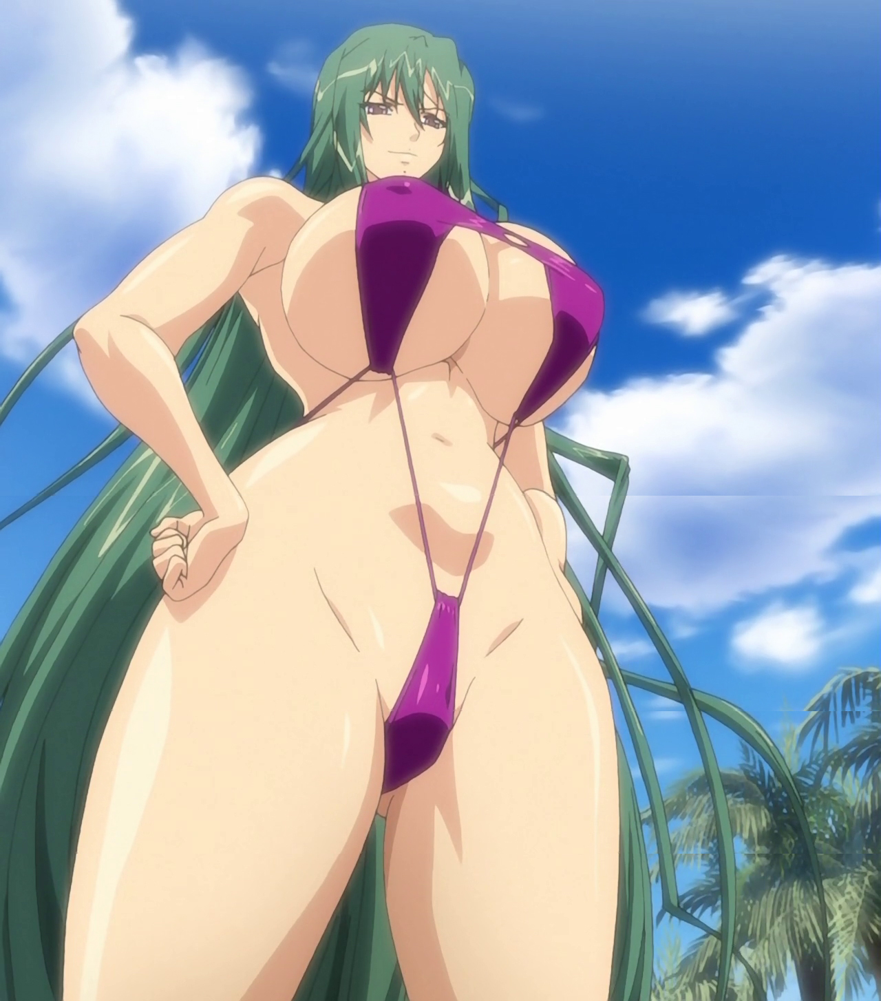 1girls, ass, ass visible through thighs, bakunyuu, bangs, bare shoulders, big breasts, bikini, breasts, cleavage, clothing, cloud, curvy, edit, favorite, female, female focus, female only, from below, green hair, hair between eyes, hands on hips, highres, hips, huge breasts, human, large breasts, long hair, looking at viewer, looking down, mature female, milf, misuzu yukiko, naughty face, navel, one-piece swimsuit, outdoors, palm tree, pixy (company), revealing clothes, screencap, screenshot, shiny skin, shion ~zankoku na mahou no tenshi~, sideboob, skimpy, sling bikini, slingshot bikini, slingshot swimsuit, smile, smirk, solo, solo female, stitched, swimsuit, thick thighs, thighs, third-party edit, tree, underboob, very long hair, voluptuous, wide hips, yellow eyes