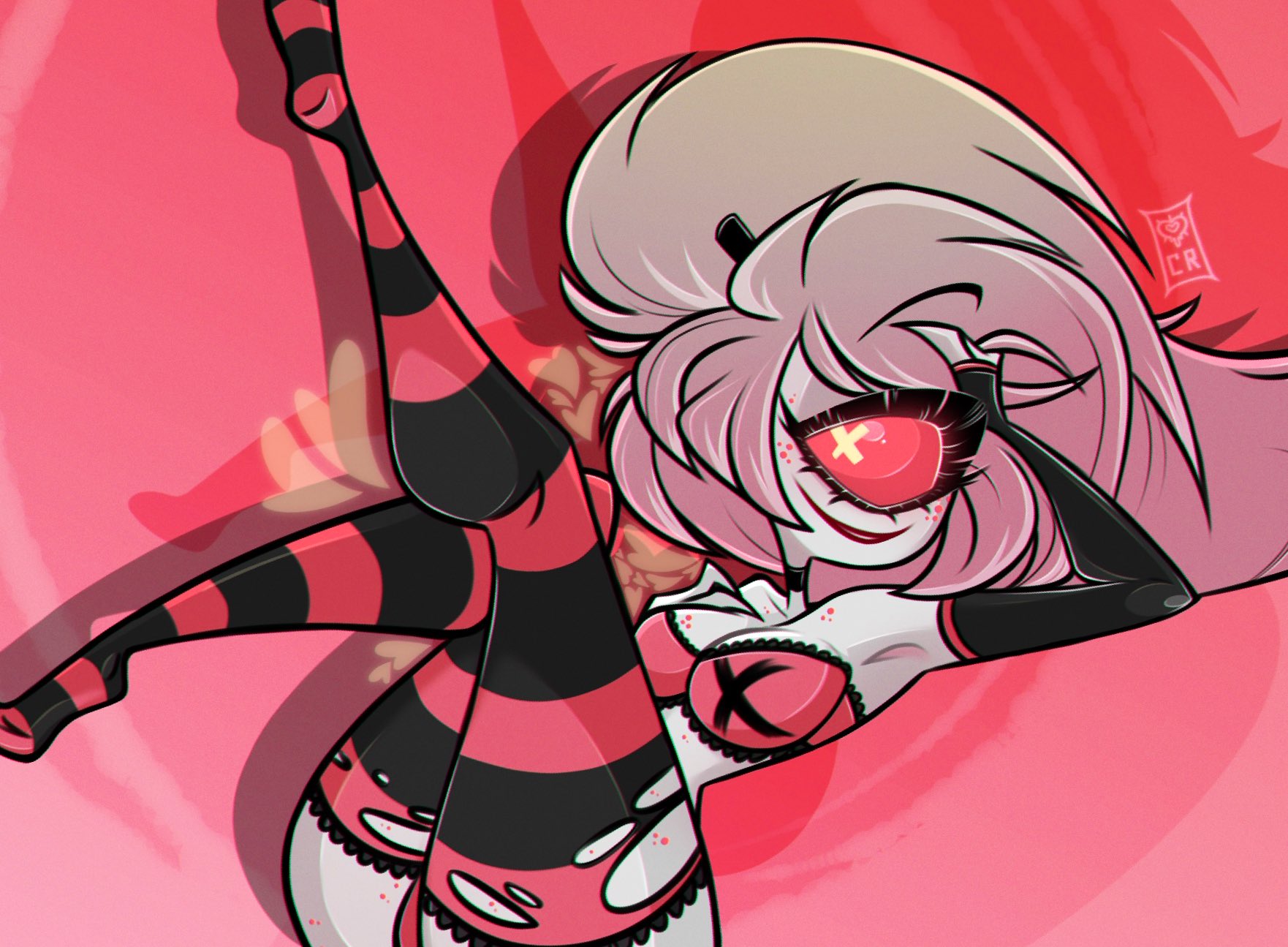 1 eye, 1girls, armpits, ass, big ass, big breasts, boobs, bottom heavy, bra, breasts, cherri bomb, choker, cleavage, cute, cyclops, cycoriot, demon, demon girl, discountriot, female, female focus, female only, fingerless gloves, freckles, hazbin hotel, hourglass figure, large ass, large breasts, lingerie, long hair, medium breasts, multicolored hair, panties, pink hair, red sclera, seductive, seductive smile, smile, solo, solo female, stockings, straight hair, thick thighs, thighhighs, tits, torn legwear, torn thighhighs, underwear, vivienne medrano, wide hips