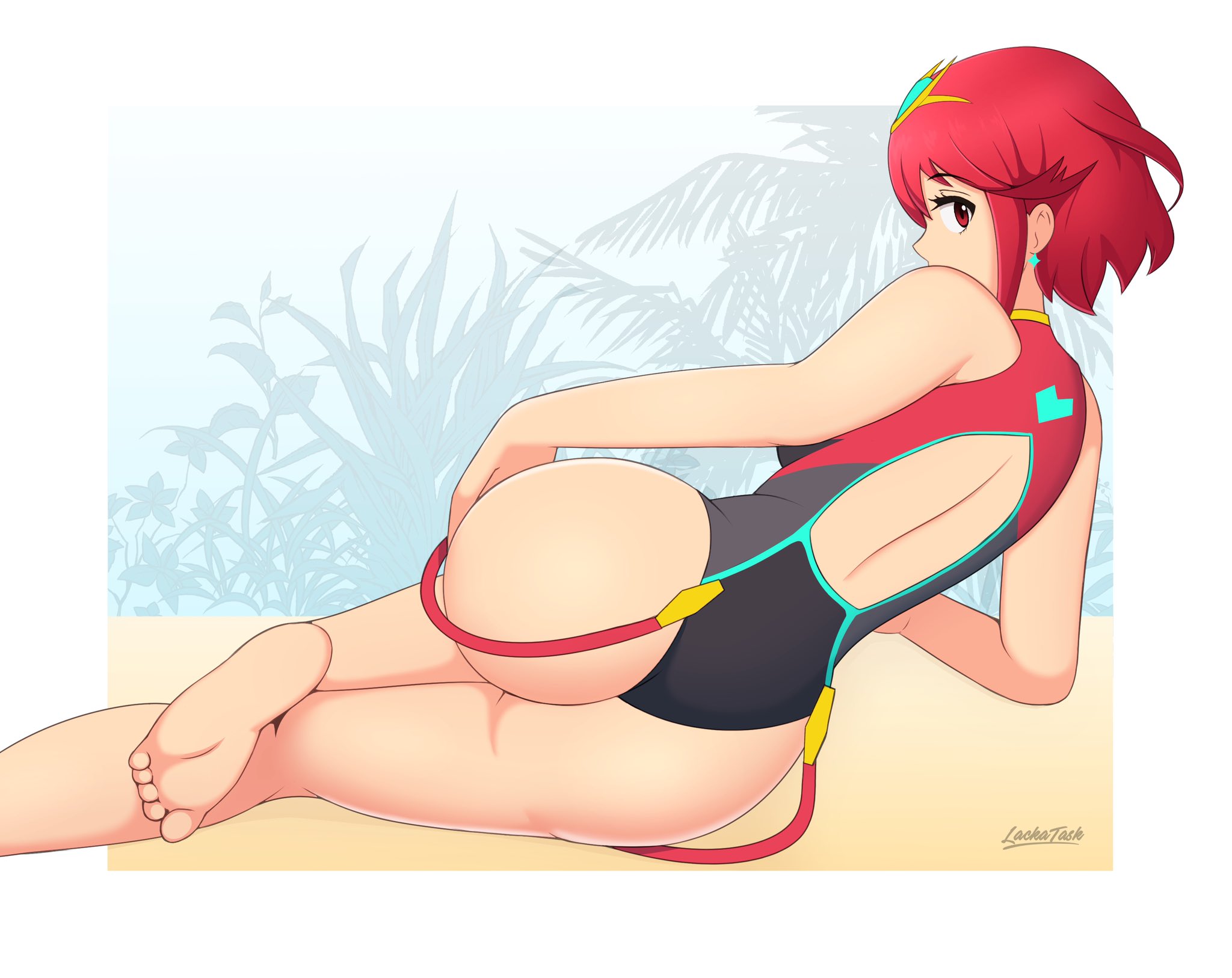 1girls, ass, barefoot, breasts, bubble ass, bubble butt, competition swimsuit, ear piercing, feet, female, lackatask, looking at viewer, nintendo, one-piece swimsuit, outdoors, outside, pyra, red eyes, red hair, school swimsuit, short hair, sideboob, sole, solo, swimsuit, toes, white skin, xenoblade (series), xenoblade chronicles 2