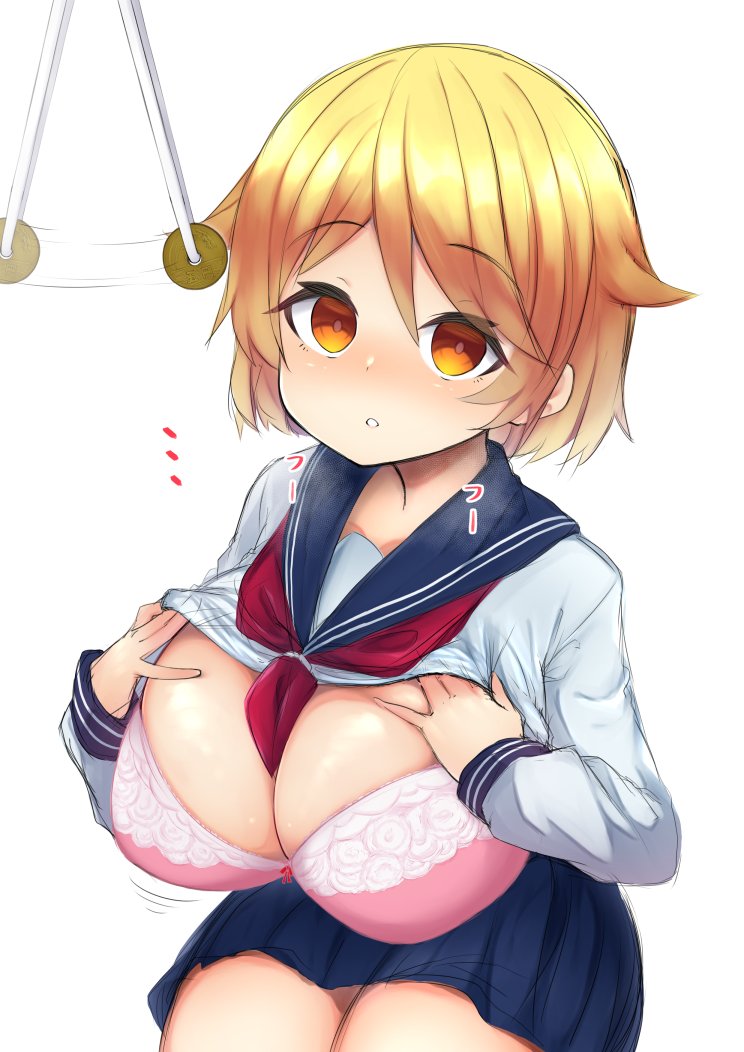 ..., 1girls, 2020, assisted exposure, blonde hair, blush, bouncing breasts, bra, breast focus, breast jiggle, breast out, breasts, breasts out of clothes, cleavage, clothing, empty eyes, exposed bra, exposed chest, exposed cleavage, exposing self, eyebrows visible through hair, eyes visible through hair, female, female only, femsub, heavy breathing, highres, huge breasts, hypnosis, hypnotized, long sleeves, looking at another, looking at viewer, mind control, necktie, necktie between breasts, open mouth, orange eyes, original, pendulum, pink bra, pleated skirt, presenting, presenting breasts, presenting self, school uniform, serafuku, shirt, shirt lift, shirt lifted by self, short hair, shortstack, simple background, sitting, skirt, solo, sound effects, steamy breath, teeth, thick thighs, thighs, tight clothing, underwear, watari1118, white background, wide hips