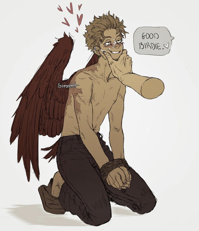 2boys, bondage, cum, cum on face, endeavor (my hero academia), enji todoroki, gay, hawks (my hero academia), keigo takami, male, male focus, male only, my hero academia, partially clothed, praise, rope, rope bondage, wings, wrists tied, yaoi