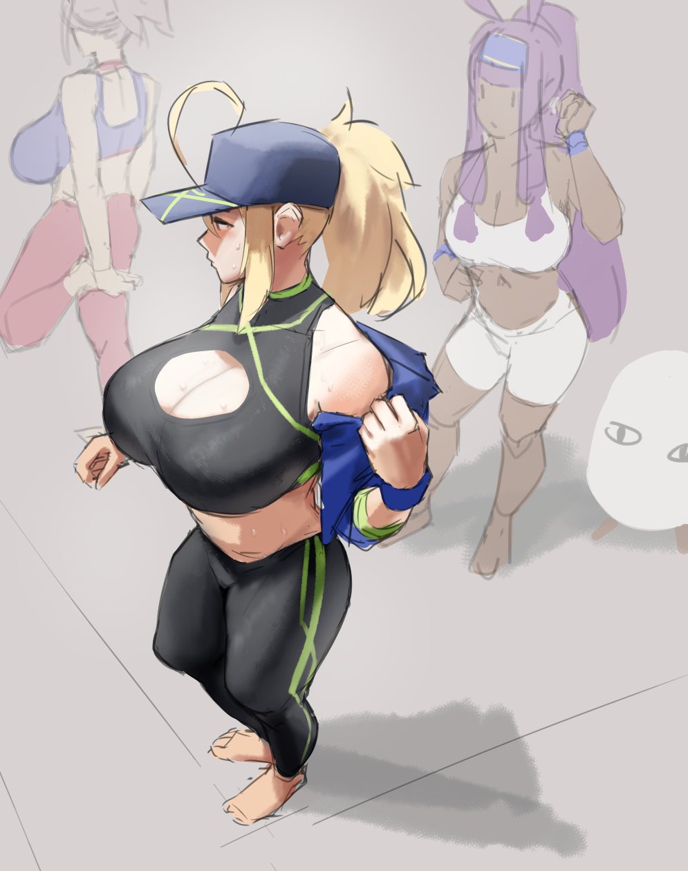 3girls, ahoge, blonde hair, boob window, breasts, cleavage, eu03, fate (series), fate/grand order, feet, female, female only, full body, hat, huge breasts, mysterious heroine xx (foreigner), ponytail, sports bra, standing, sweat, yoga pants