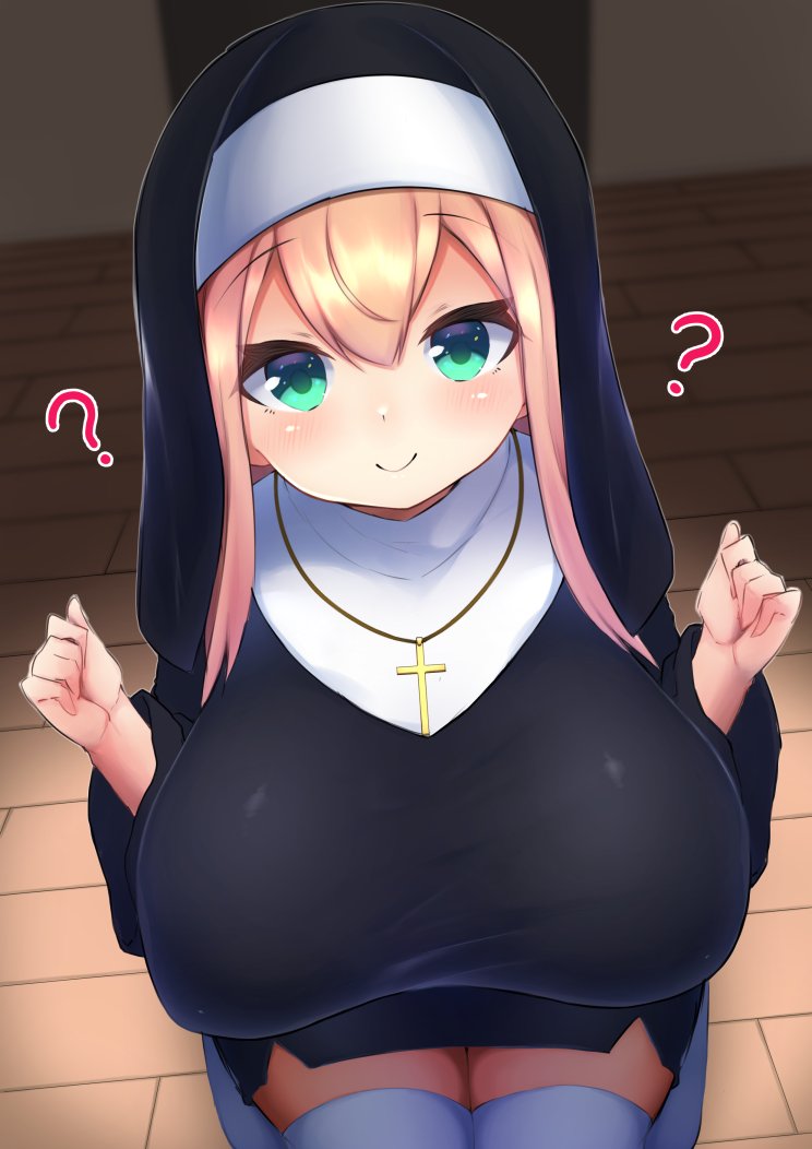 ?, 1girls, 2021, black dress, blonde hair, breasts, clothed, clothing, cross, cross necklace, dark, dress, eyebrows visible through hair, female, female only, green eyes, hair between eyes, highres, huge breasts, indoors, jewelry, kneeling, looking at viewer, necklace, nun, nun's habit, original, seiza, sitting, smile, solo, thick thighs, thighhighs, thighs, tight clothing, unaware, veil, w arms, watari1118, zettai ryouiki
