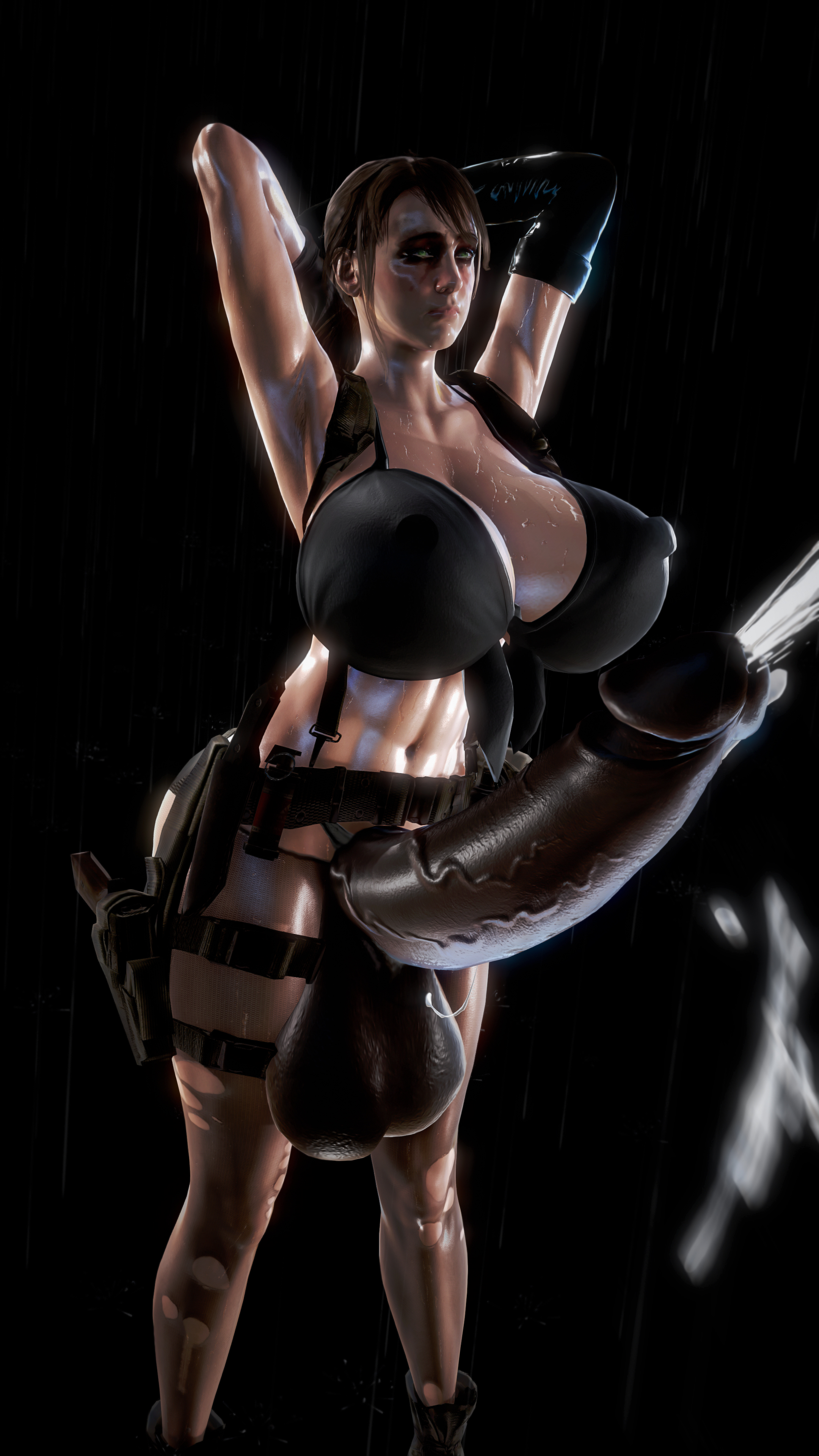 1futa, 3d, 4k, absurdres, balls, breasts, cleavage, cum, futa only, futanari, highres, huge breasts, huge cock, hyper penis, intersex, metal gear solid, metal gear solid v, mitrild-sfm, penis, quiet (metal gear), solo, source filmmaker, testicles