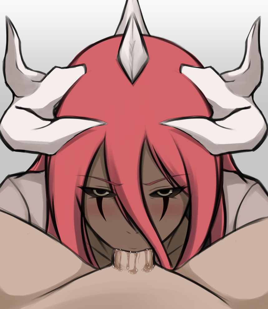 1boy, 1girls, black sclera, blush, clothed female nude male, dark skin, dark-skinned female, deepthroat, demon, demon girl, drooling, eye contact, faceless male, fellatio, female, horns, long hair, male, male pov, naruto, naruto (classic), naruto (series), oral, oral sex, penis, pov, red hair, saliva, second stage curse mark, tayuya, tight throat, transformation, yellow eyes