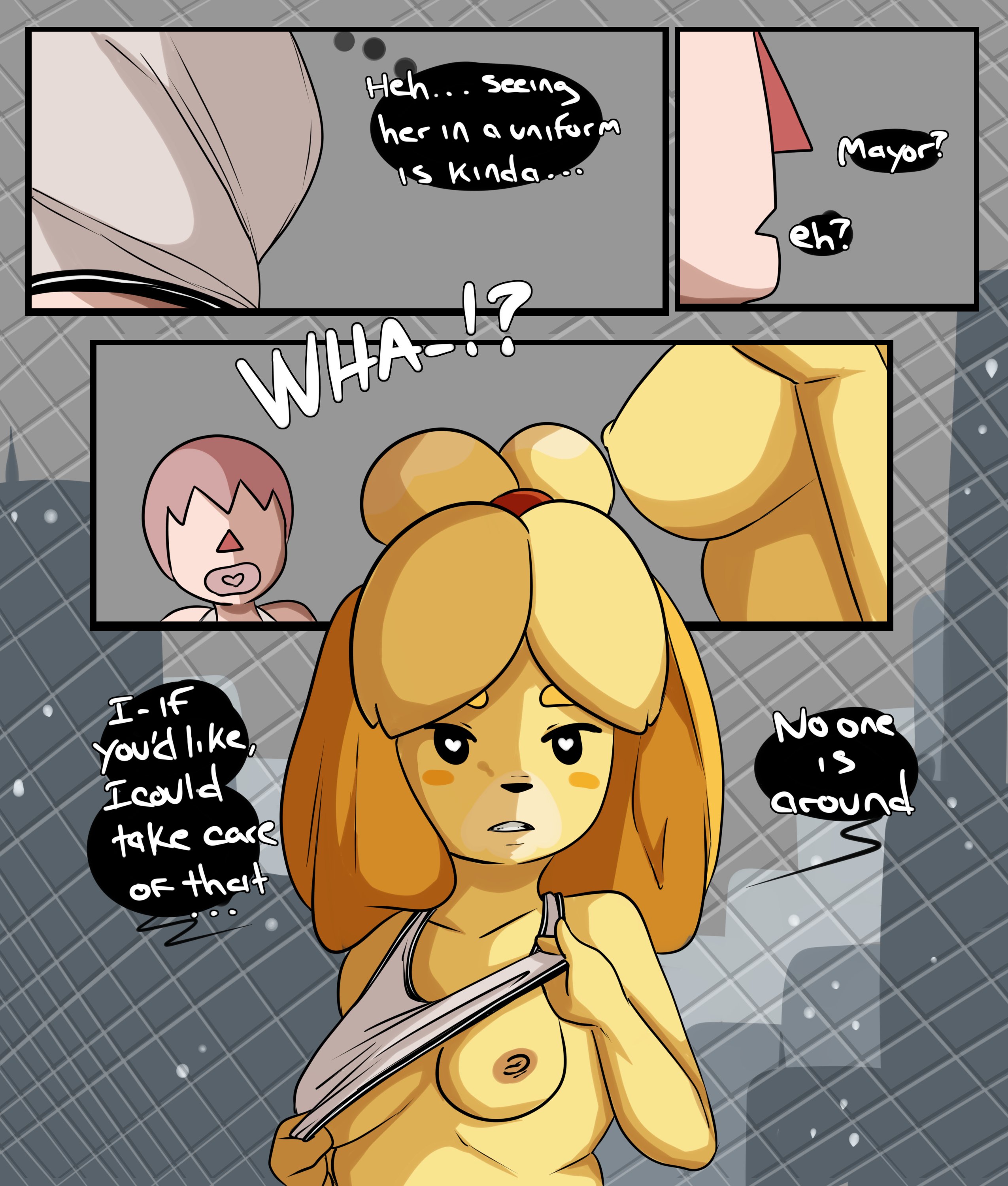 1girls, 2021, animal crossing, animal crossing new leaf, anthro, ass, breasts, canine, dialogue, female, flashing, flashing breasts, gym uniform, heart-shaped pupils, inuyuru, isabelle (animal crossing), mob face, nintendo, no bra, page 2, public nudity, shirt, sweat, tail, text, undressing, yellow fur