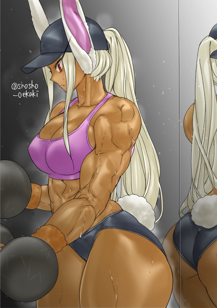 1girls, ass, baseball cap, big ass, big breasts, breasts, bunny ears, bunny tail, dark skin, dark-skinned female, dumbbell, exercise, female, gym, gym shorts, mirror, miruko, muscular, muscular female, my hero academia, ponytail, red eyes, rumi usagiyama, shosho oekaki, sports bra, sweat, thick thighs, weightlifting, white hair