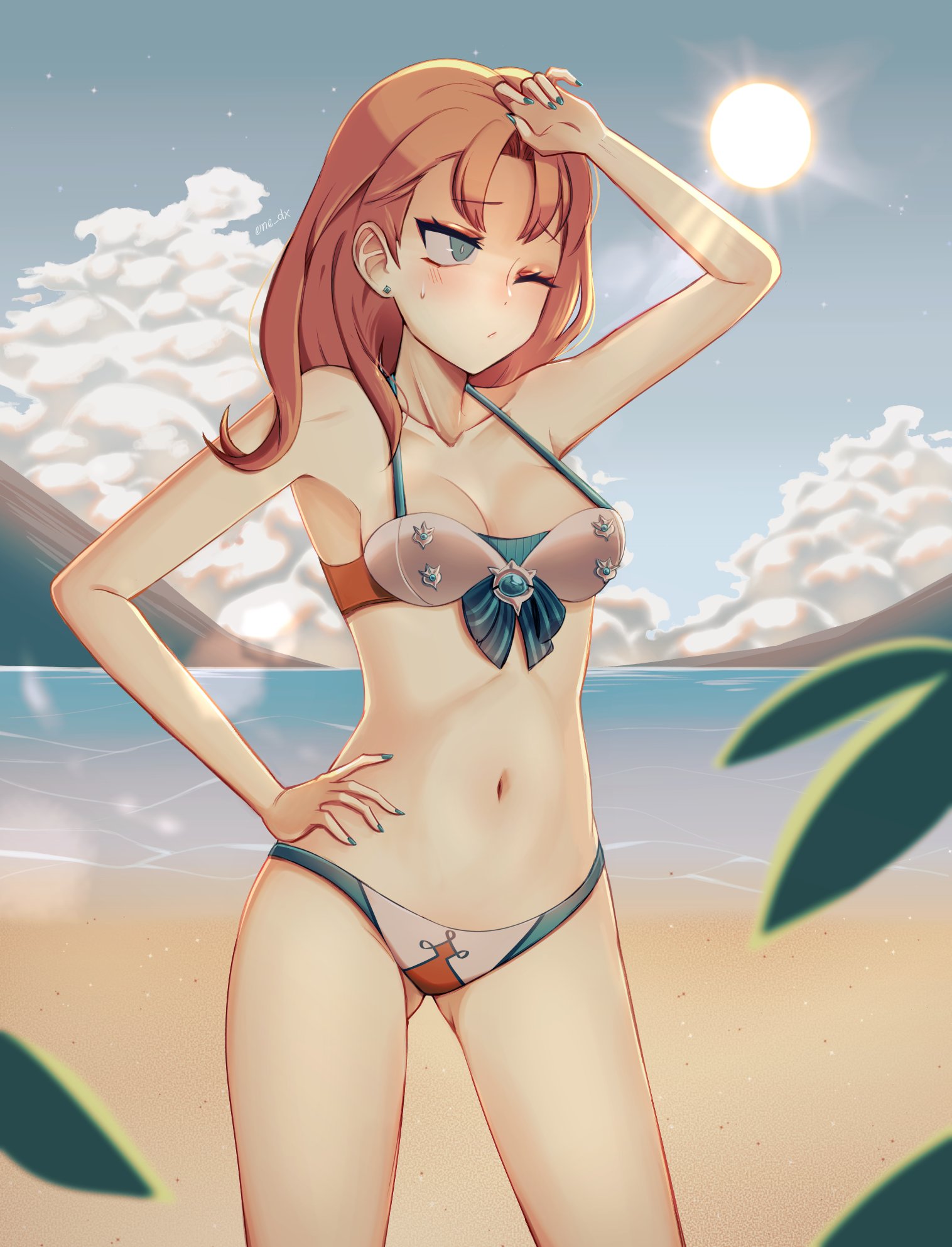 1girls, alternate costume, annette fantine dominic, ass visible through thighs, beach, bikini, blue eyes, blue nails, blush, breasts, cloud, ear piercing, earrings, eine (eine dx), female, fire emblem, fire emblem: three houses, hand on hip, hand on own head, highres, jewelry, leaf, medium hair, mountain, navel, nintendo, ocean, one eye closed, orange hair, outdoors, outside, post-timeskip, sand, small breasts, solo, sun, sweatdrop, swimsuit, thin female, water, white skin