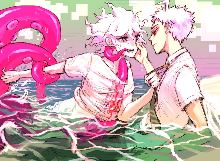 2boys beach clothed clothing color danganronpa danganronpa_2:_goodbye_despair english_commentary hand_on_another's_face hinata_hajime implied_anal in_water looking_at_another male male_focus male_only multiple_boys nagito_komaeda necktie necktie_grab neckwear_grab open_mouth outdoors pale_skin red_eyes short_hair smile smooth_skin tearing_up tears tentacle tentacle_in_mouth tentacle_on_male tentacle_sex upper_body water white_hair yaoi yndr4hope