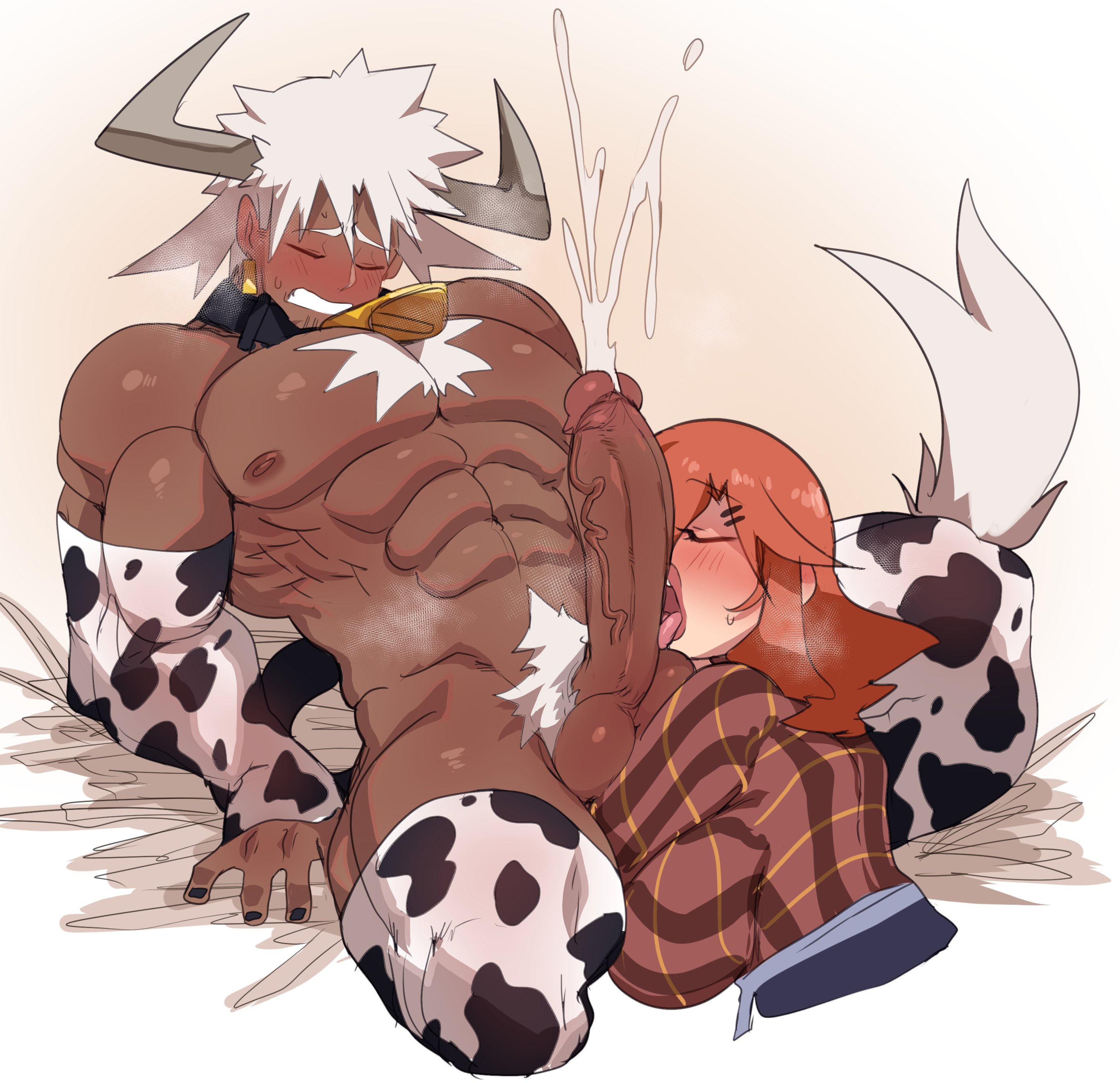 1boy, 1girls, abs, balls, big breasts, blush, breasts, chest hair, clark (lightsource), claudette (lightsource), closed eyes, clothing, cow boy, cow horns, cow print, cow print armwear, cow print thighhighs, cow tail, cowbell, cum, cumshot, dark skin, dark-skinned male, ear tag, farmgirl, female, horns, licking, licking penis, lightsource, long hair, long penis, male, male focus, muscles, muscular, muscular male, original, penis, pubic hair, red hair, sitting, steam, tail, tail tuft, teeth clenched, veiny penis, very high resolution, white background, white pubic hair