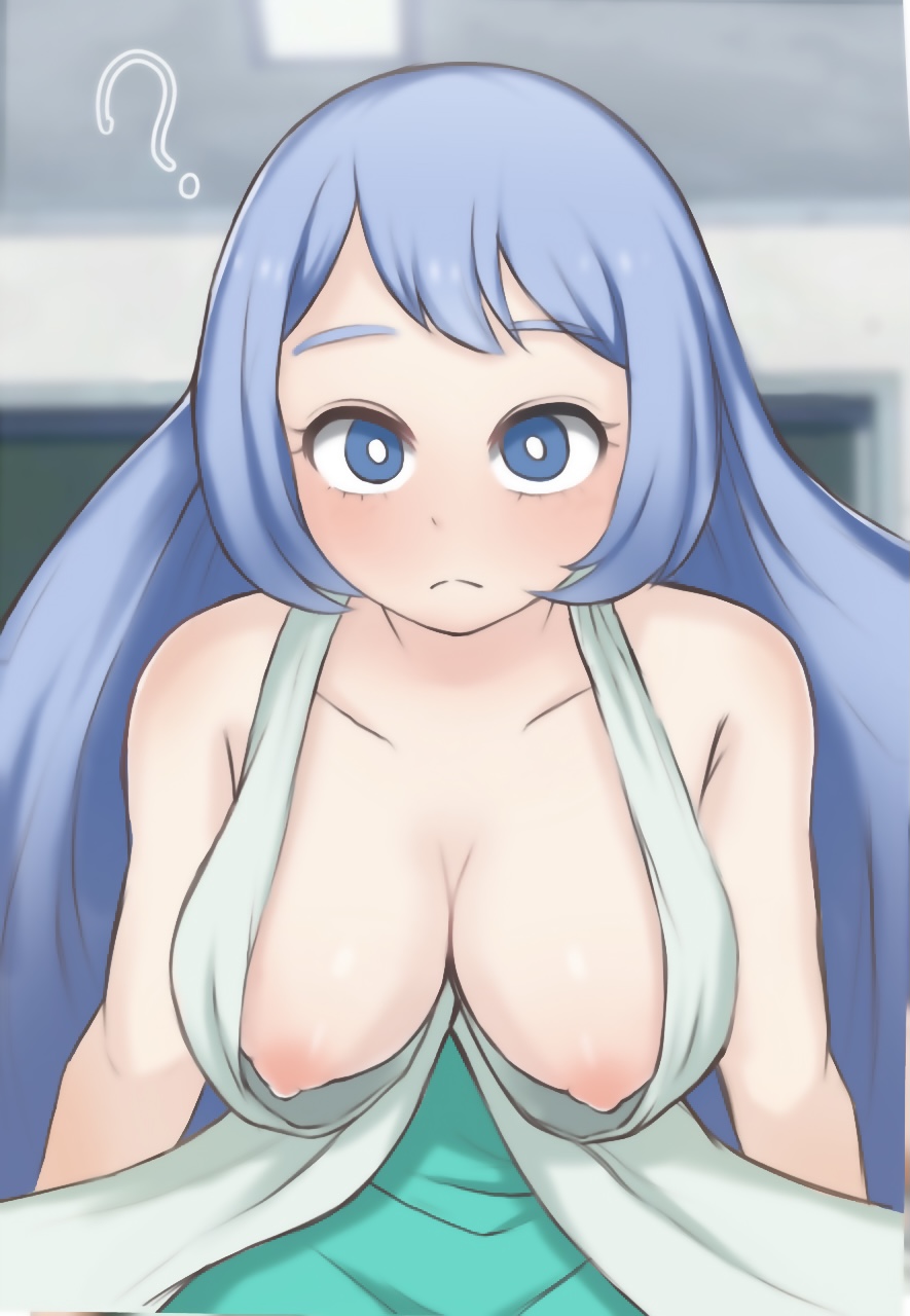 ?, 1girls, accidental exposure, areolae, big breasts, blue eyes, blue hair, blue-haired female, blush, breasts, breasts out, canonical scene, dress, eye contact, female, long hair, looking at viewer, my hero academia, nejire hado, nipples, official alternate costume, revealing clothes, solo, tnt77, upper body, wardrobe malfunction