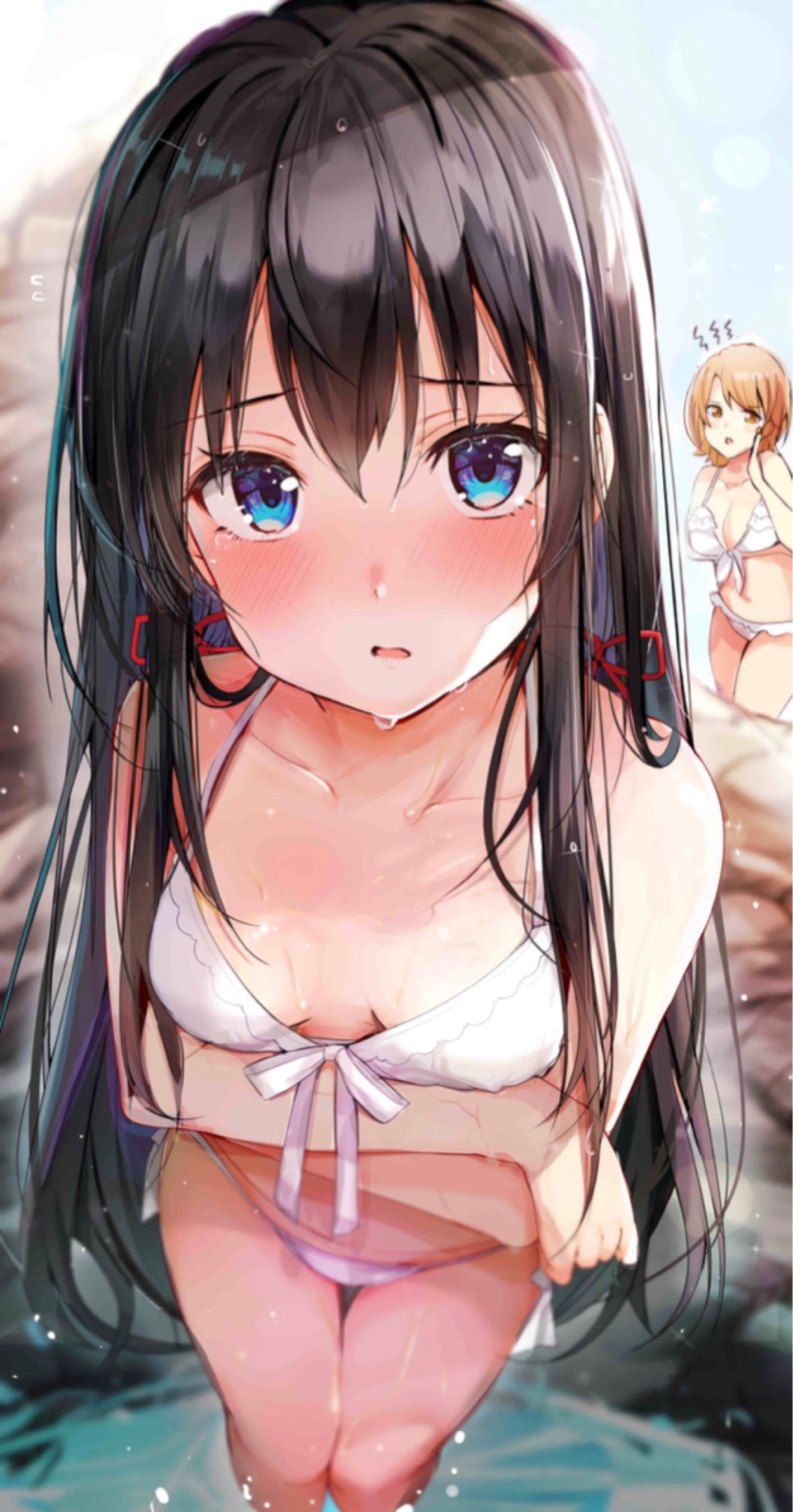 bikini, blush, clavicle, crossed arms, female, high resolution, isshiki iroha, long hair, looking at viewer, midriff, my teen romantic comedy snafu, open mouth, rouka, swimsuit, tagme, wet, yukinoshita yukino