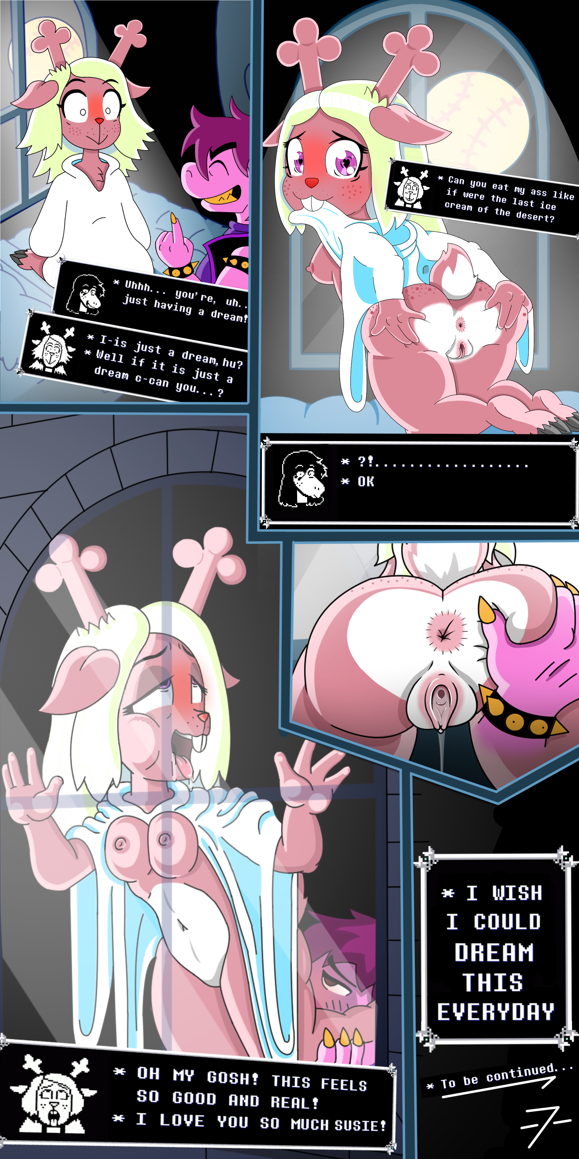 ass, breasts, comic, deltarune, deltarune chapter 2, female, furry, furry ass, furry breasts, furry ears, furry tail, licking pussy, noelle holiday, noelle holiday (dark world form), oral, pussy, susie (deltarune), vagina, yuri