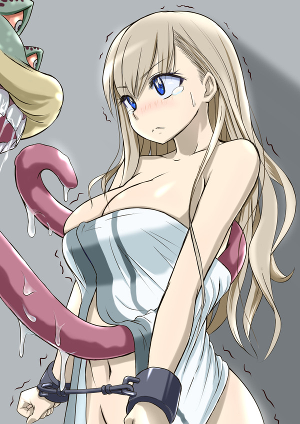 1boy, 1girls, big breasts, blonde hair, blonde-haired female, blue eyes, blush, bondage, breasts, damsel in distress, edens zero, female, handcuffs, illega (edens zero), imminent rape, long hair, long tongue, male, monster, rebecca bluegarden, scared, standing, sweat, tearing up, tears, tongue, towel, towel only, trembling, very long tongue, vulnerable