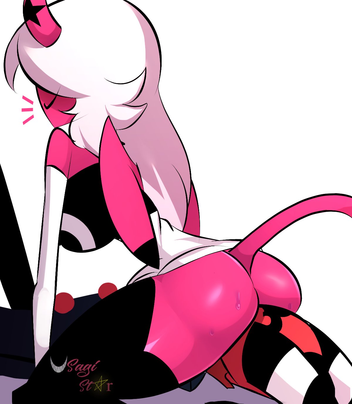 2demons, ass, big ass, big butt, blitzo (helluva boss), demon, demon girl, demon horns, demon tail, dress, dress up, facesitting, female, helluva boss, long hair, male, pink body, pink skin, sitting, sitting on face, sitting on person, thick legs, thick thighs, unseen male face, usagi star, verosika mayday (helluva boss), white hair