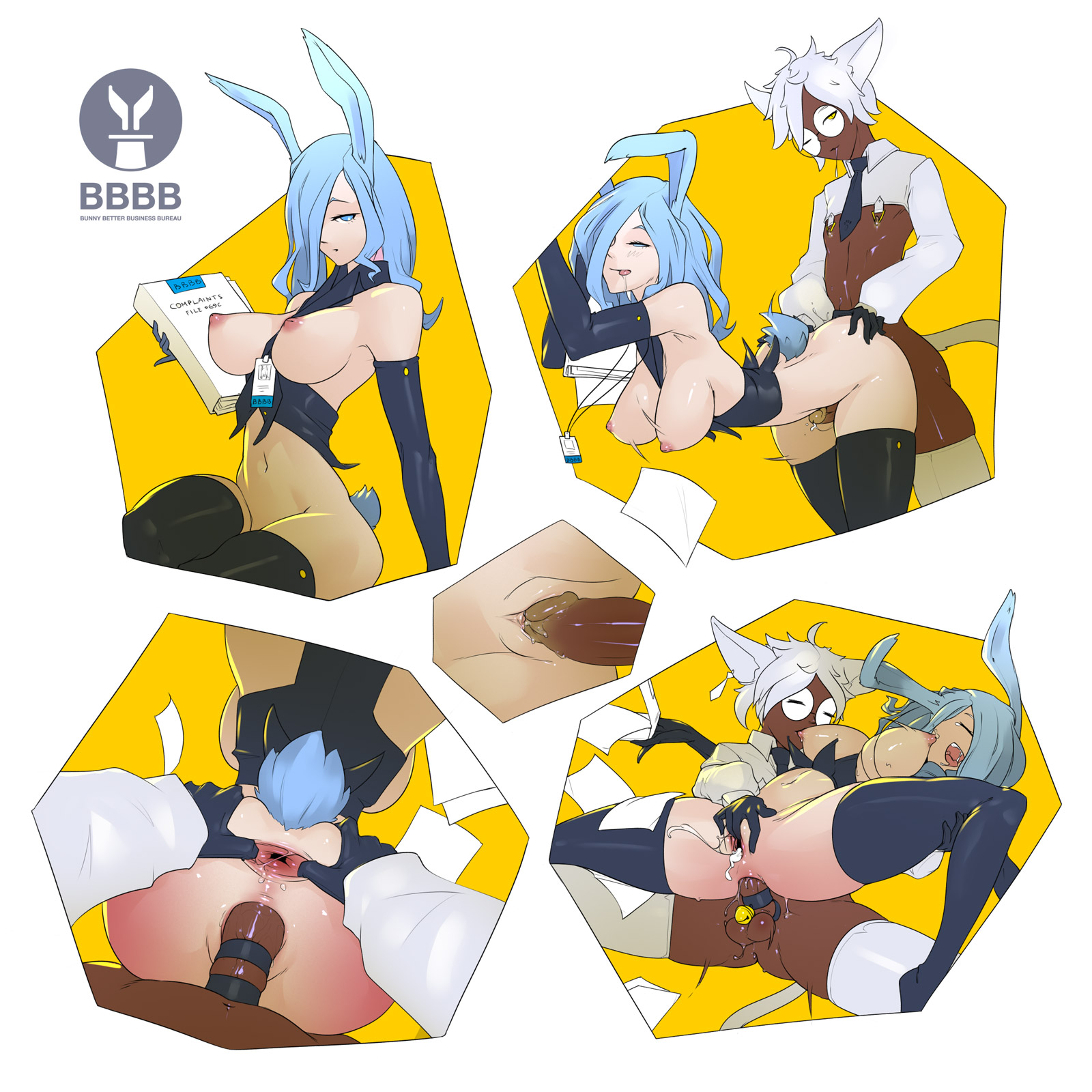1boy, 1girls, anal, animal ears, areolae, balls, big breasts, big penis, blue hair, breasts, bunny ears, bunny girl, cat boy, cat ears, catboy, clothing, cock ring, collage, cum, dark skin, dark-skinned femboy, dark-skinned male, duo, elbow gloves, female, femboy, femboy on female, functionally nude, gloves, humanoid, humanoid penis, interracial, kemonomimi, light skin, light-skinned female, male, nude, orgasm, pale skin, penis, pussy, sex, skindentation, spread anus, straight, tailbox, thighhighs, vaginal penetration, white hair
