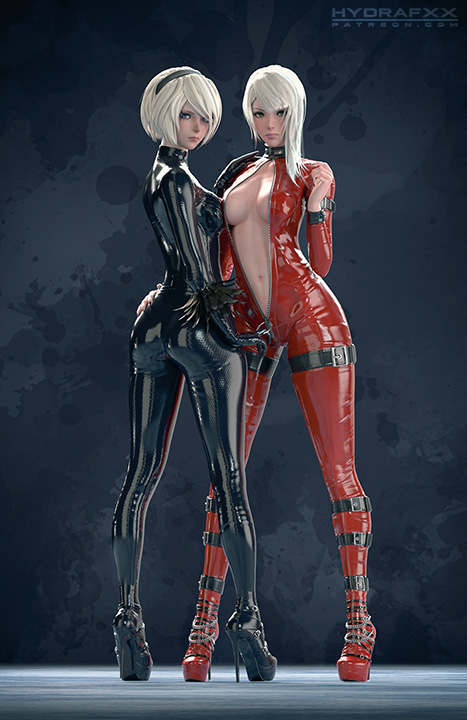 2girls 3d black_latex bodysuit breasts hairband high_heels hydrafxx kaine_(nier) latex_suit long_hair nier nier:_automata nier_(series) nier_replicant red_latex white_hair yorha_2b