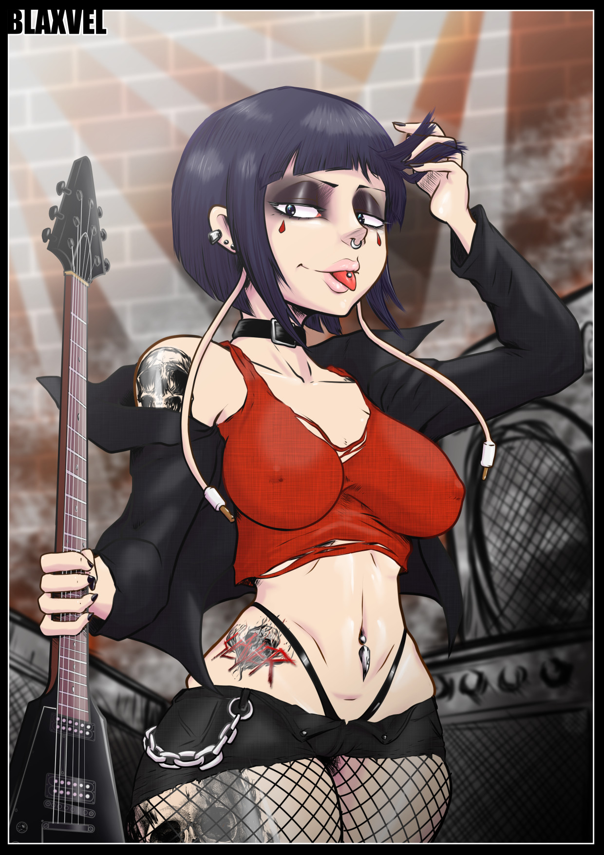 1girls, blaxvel, blaxvel (dirtygloom), female, kyoka jiro, makeup, my hero academia, piercing, purple hair, purple-haired female, tattoo