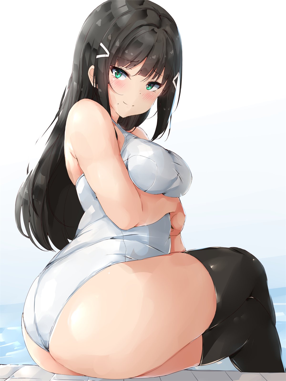 1girls ass big_ass black_hair blush breasts curvy green_eyes hairclip hime_cut kurosawa_dia long_hair love_live! love_live!_sunshine!! one-piece_swimsuit plump pool poolside shinonon shinonon_(iso_shino) slightly_chubby swimsuit thick_ass thick_thighs thighhighs thighs