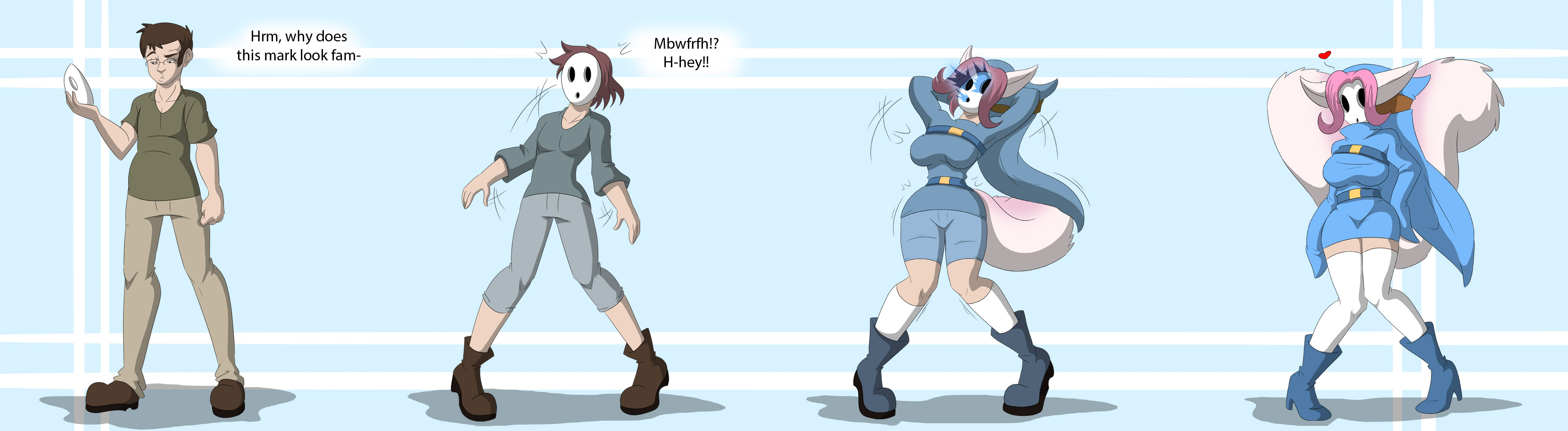 ass expansion, bimbo, bimbofication, brainwashing, breast expansion, breast growth, breast growth (enlargement), breasts, clothing, english text, female, full body, gender transformation, identity death, mario (series), mask, mtf transformation, nintendo, possession, shy gal, shygalization, speech bubble, squirrel girl, standing, text, tfsubmissions, transformation, transformation sequence