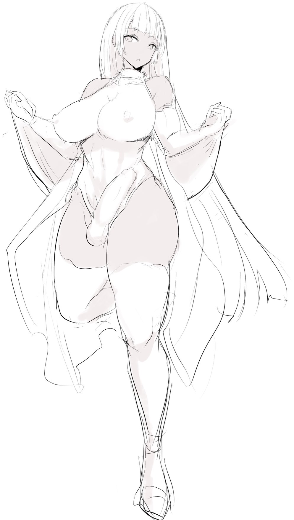 1futa, bangs, big breasts, big penis, breasts, bulge, cape, clothed, clothing, dark skin, dark-skinned futa, erection under clothes, futa only, futanari, human, intersex, leotard, monochrome, mostly clothed, nipple bulge, penis, sketch, standing, thighhighs, ubanis