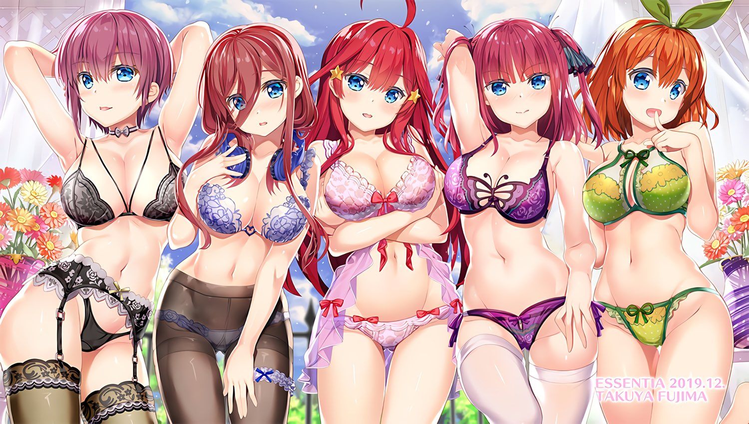 2019, 5girls, arms under breasts, babydoll, big breasts, black panties, black pantyhose, black stockings, blue eyes, blue panties, blush, bra, breasts, brown hair, cleavage, cropped legs, female, finger in mouth, front view, fujima takuya, garter belt, go-toubun no hanayome, green panties, hair ribbon, hands behind head, happy, headphones, headphones around neck, lingerie, looking at viewer, multiple females, multiple girls, nakano ichika, nakano itsuki, nakano miku, nakano nino, nakano yotsuba, navel, open mouth, orange hair, panties, pantyhose, pink hair, pink panties, posing, purple hair, purple panties, quintuplets, red hair, short hair, sisters, standing, stockings, thigh gap, thighhighs, tongue, uncensored, white stockings
