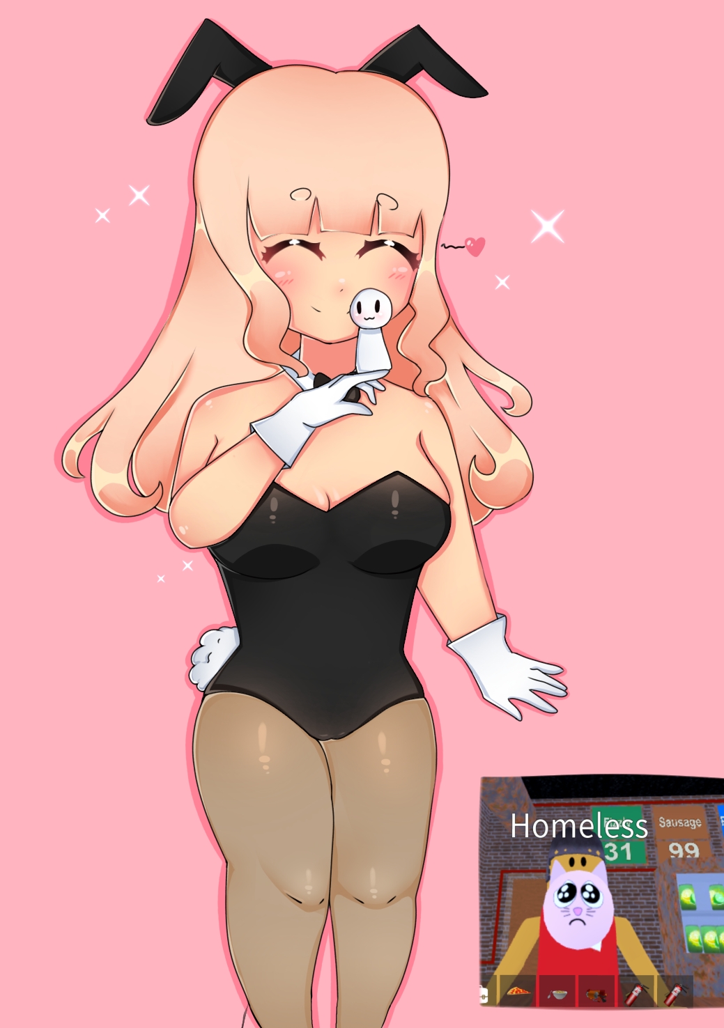 bangs blonde_hair blush bob_(friday_night_funkin) bunny_ears bunny_girl bunnysuit cameltoe character_request eyebrows_visible_through_hair fangirl friday_night_funkin gloves kiss oc pantyhose playboy_bunny thick_thighs white_gloves