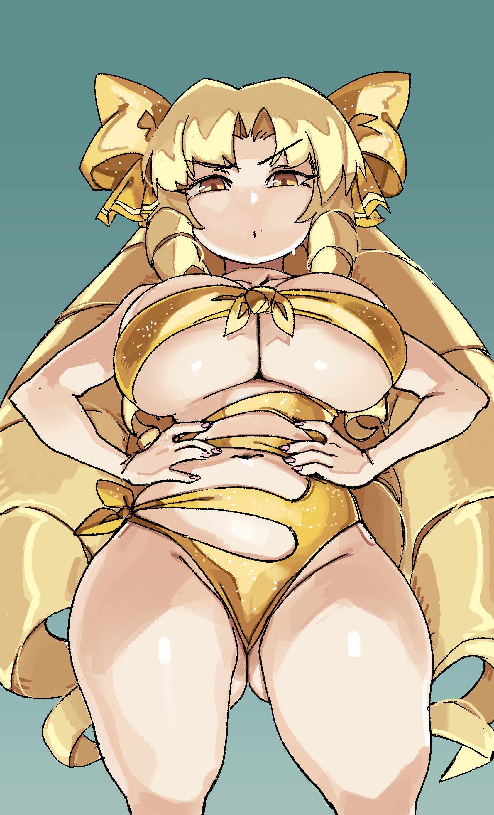 :o, 1girls, amber eyes, big breasts, blonde hair, breasts, drill hair, female, female only, gold swimsuit, golden swimsuit, hair ribbon, hands on hips, long hair, looking at viewer, narrowed eyes, original, original character, simple background, solo, solo female, swimsuit, thick thighs, underass, underboob, very high resolution, viewed from below, zanamaoria