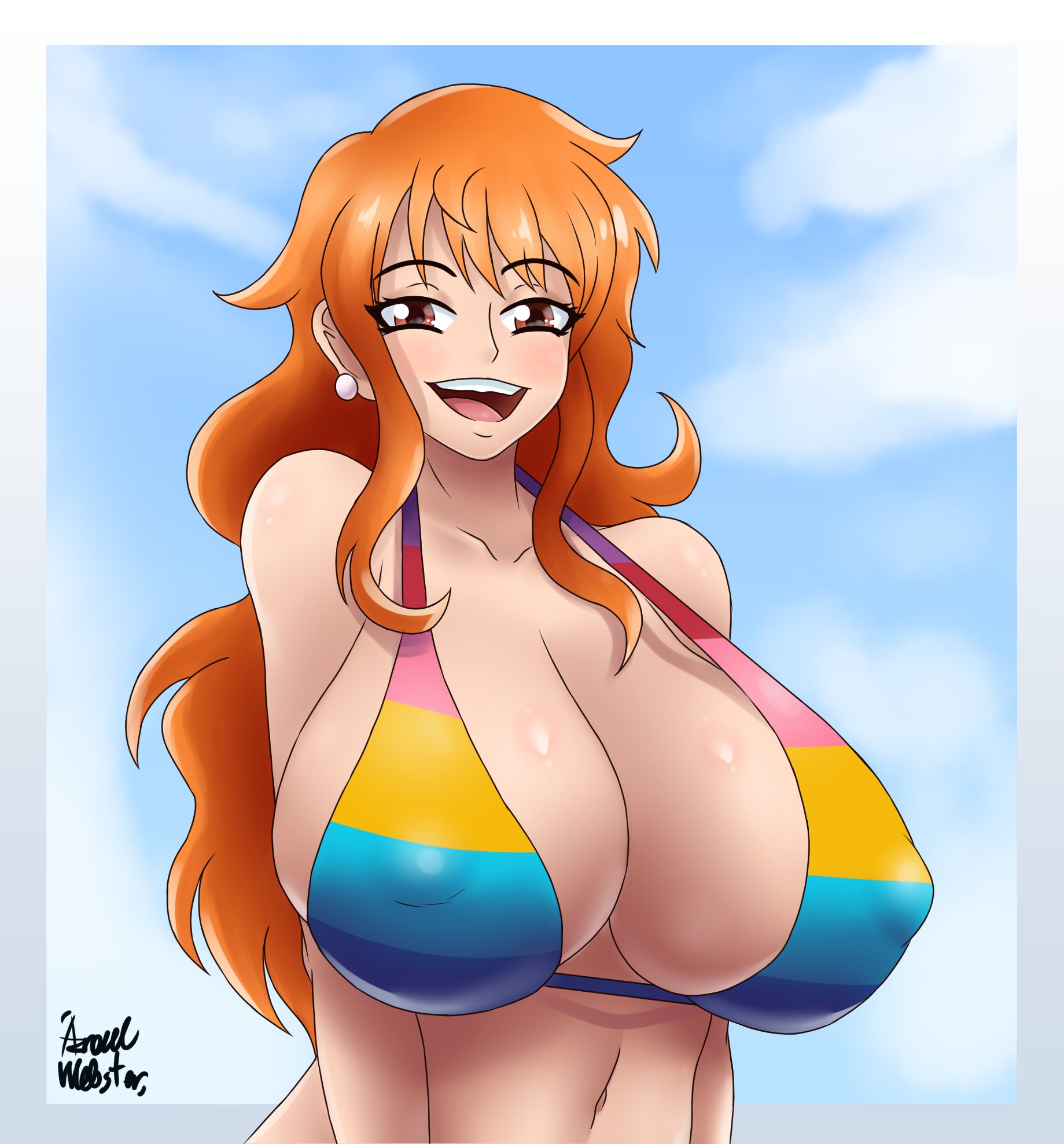1girls, artist signature, azraelwebster, bikini, bikini top, blush, breasts, breasts bigger than head, cleavage, collarbone, earrings, eyebrows visible through hair, female, female only, front view, gigantic breasts, huge breasts, large breasts, long hair, looking at viewer, nami (one piece), naughty face, navel, nipple bulge, one piece, one piece film z, open mouth, orange eyes, orange hair, orange-haired female, outdoors, rainbow bikini, smile, solo, solo female, standing, tagme, thick lips, tongue, upper body