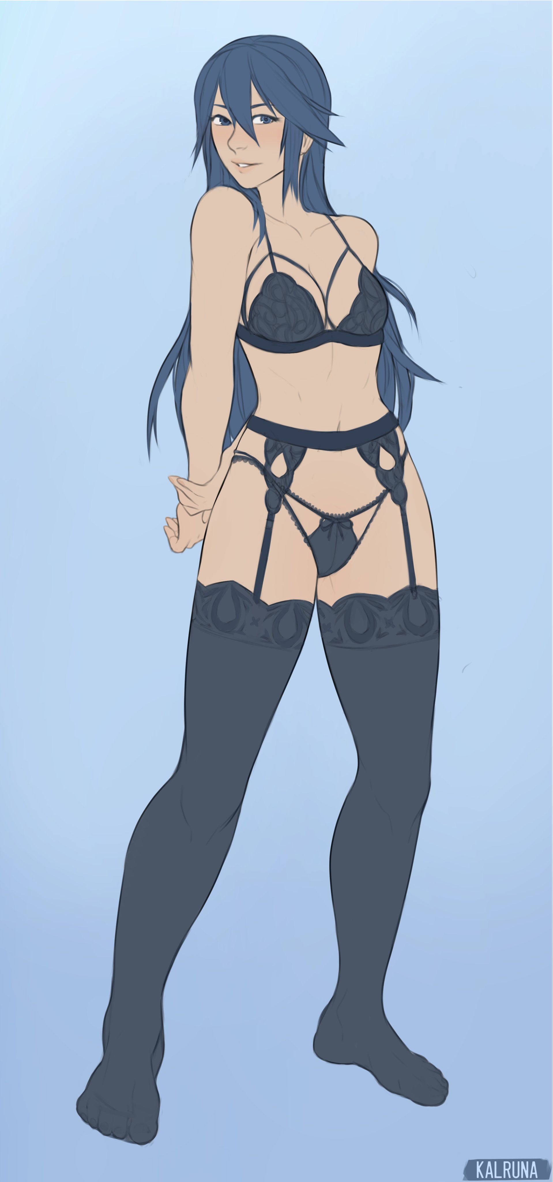 1girls, arms behind back, bare shoulders, blue background, blue bra, blue eyes, blue hair, blue legwear, blue lingerie, blue panties, blue thighhighs, blush, bra, breasts, clothed, clothing, collarbone, female, fire emblem, fire emblem awakening, garter belt, grabbing own arm, hair between eyes, kalruna, lingerie, long hair, looking at viewer, lucina (fire emblem), matching underwear, medium breasts, nintendo, panties, smile, solo, solo female, spread legs, symbol-shaped pupils, thighhighs, wide hips