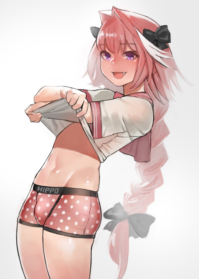 1boy, absurdres, astolfo (fate), bangs, black bow, blush, bow, boxer briefs, braid, bulge, commentary request, cowboy shot, crossed arms, eyebrows visible through hair, fangs, fate (series), fate/apocrypha, fate/grand order, femboy, grey background, hair intakes, hair ribbon, highres, legs together, lifted by self, long hair, looking at viewer, male, male focus, male underwear, multicolored hair, navel, no pants, open mouth, pink hair, polka dot, purple eyes, ribbon, school uniform, serafuku, shirt lift, short sleeves, simple background, single braid, smile, solo, standing, streaked hair, trap, undressing, very long hair, white hair