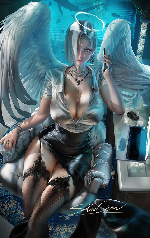 big breasts, breasts, female, oc, original, original character, sakimichan, stockings, white hair, wings