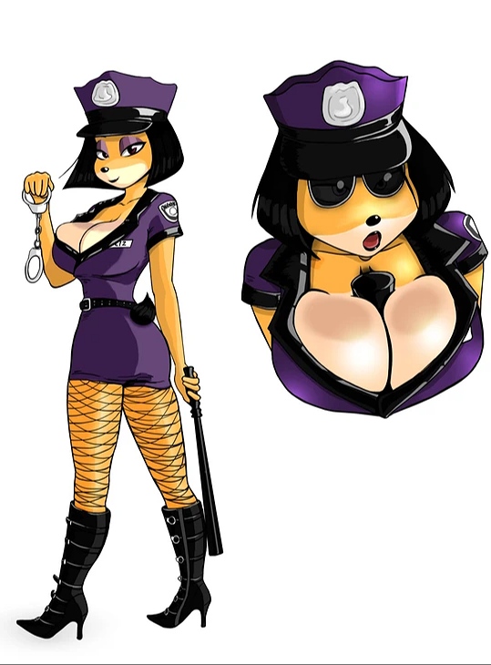 baton big_breasts black_hair breasts crash_(series) fishnets handcuffs heels huge_breasts liz_bandicoot looking_at_viewer pendulous_g police_hat police_uniform purple_eyes purple_eyeshadow thick_thighs tight_clothing