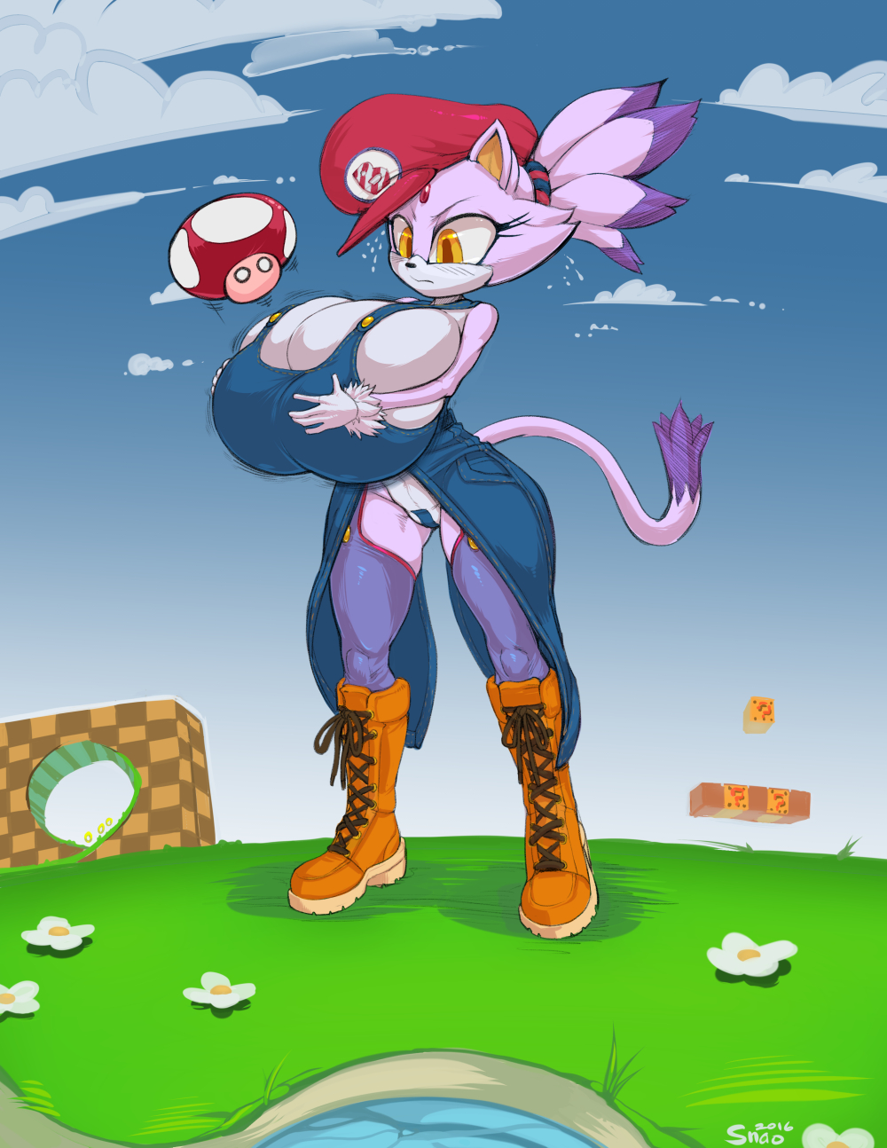 anthro, big breasts, blaze the cat, boots, breast expansion, breast growth, breast growth (enlargement), breast squish, breasts, clothing, domestic cat, expansion, felid, feline, felis, female, footwear, fungus, hi res, huge breasts, looking at viewer, mammal, mario (cosplay), mario (series), mushroom, nintendo, sega, snao, solo, sonic (series), sonic the hedgehog (series), squish, super mario bros., super mario bros. (nes), tight clothing, video games, wide hips, yellow eyes