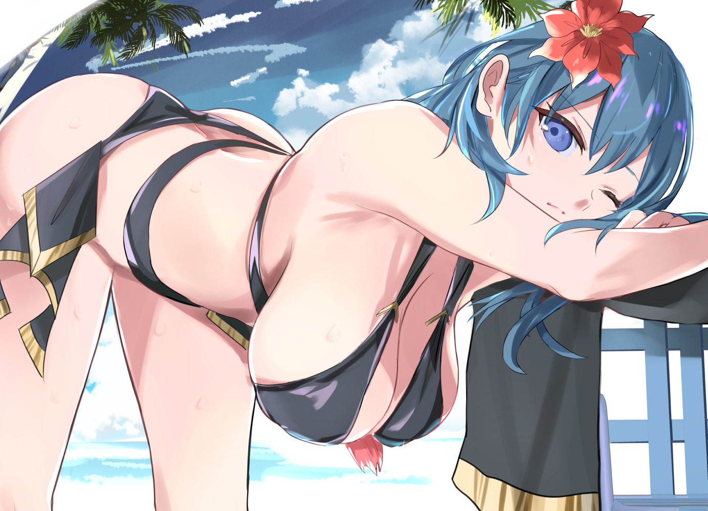 1girls, alternate costume, arm rest, bangs, beach towel, bent over, big breasts, bikini, black bikini, black swimsuit, blue eyes, blue hair, breasts, byleth (fire emblem), byleth (fire emblem) (female), cleavage, closed mouth, cloud, cloudy sky, eyebrows visible through hair, female, fire emblem, fire emblem heroes, fire emblem: three houses, flower, hair flower, hair ornament, hanging breasts, hibiscus, large breasts, long hair, nintendo, one eye closed, palm tree, sky, solo, swimsuit, tomas (kaosu22), towel, tree